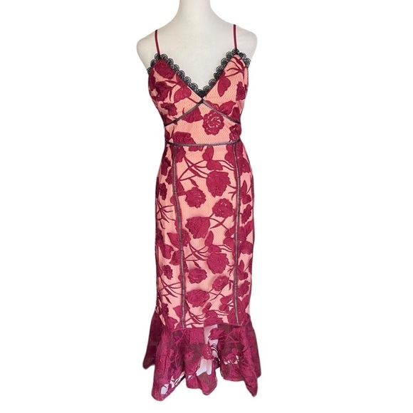 Lulus - NWT Alluring Dream Burgundy Floral Mesh Lace Trumpet Midi Dress Sz M - Picture 4 of 11